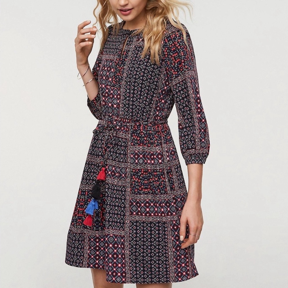 LOFT Patchwork Print 3/4 Sleeve Dress w/ Tassel Tie Belt